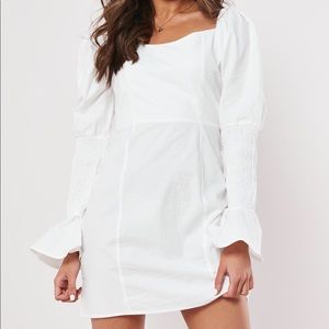 Missguided Tall Milkmaid Smocked Ruffle Dress size 6 White Bell Long Sleeve
